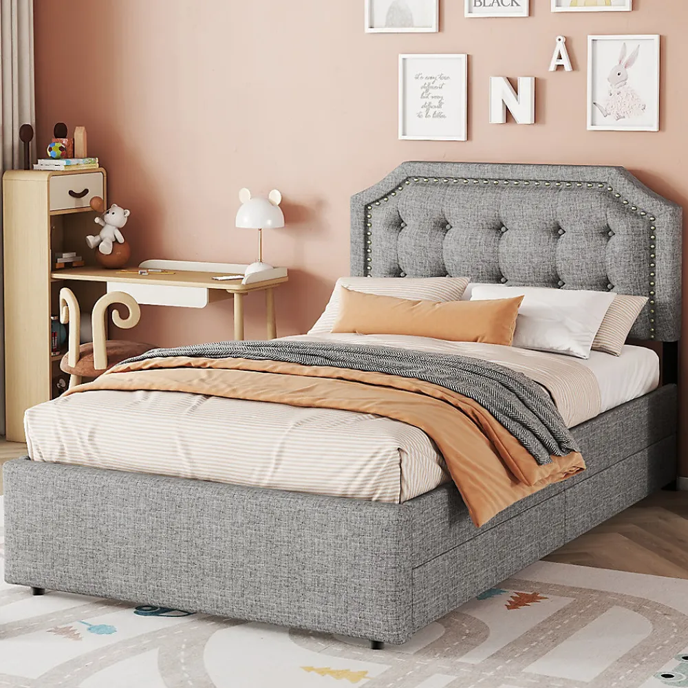 Lit adulte lit 90x200 cm lit plat lit rembourré lit 2 tiroirs Single gris>Gutent Hot