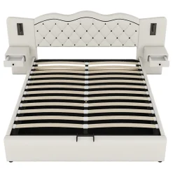 Lit adulte lit 180x200 cm lit rembourré hydraulique avec deux lampes de chevet lit double lin beige>Gutent New
