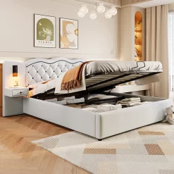Lit adulte lit 180x200 cm lit rembourré hydraulique avec deux lampes de chevet lit double lin beige><noscript><img width=