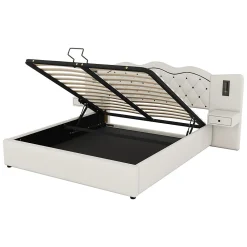 Lit adulte lit 180x200 cm lit rembourré hydraulique avec deux lampes de chevet lit double lin beige><noscript><img width=