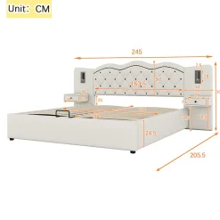 Lit adulte lit 180x200 cm lit rembourré hydraulique avec deux lampes de chevet lit double lin beige><noscript><img width=