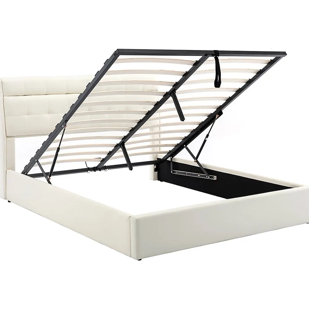 Gutent Lit adulte lit 160x200 cm lit rembourré hydraulique lit double avec sommier à lattes pu blanc crème* Lit Avec Rangement|Lit Double