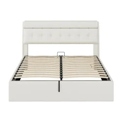 Gutent Lit adulte lit 160x200 cm lit rembourré hydraulique lit double avec sommier à lattes pu blanc crème* Lit Avec Rangement|Lit Double