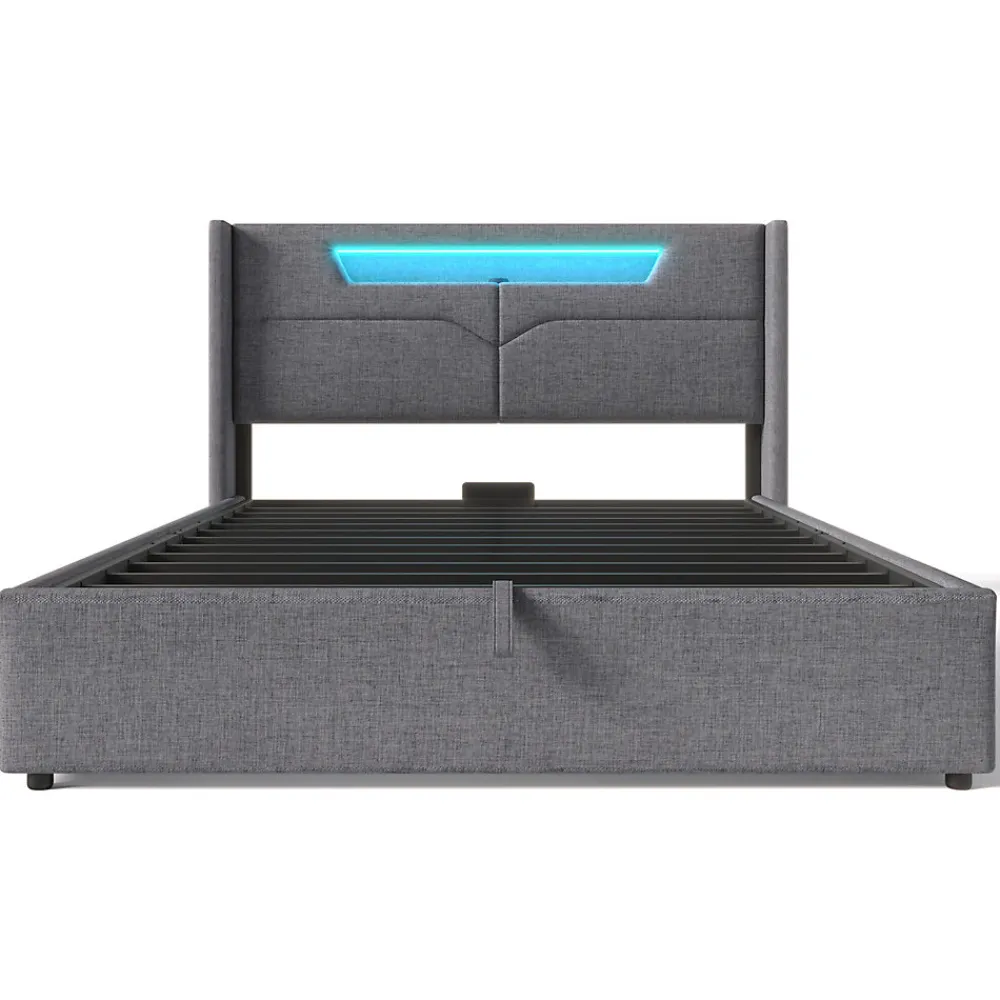 Lit adulte lit 140x200 cm lit rembourré lit de rangement lit sommier à lattes en bois lit double lin gris>Gutent Best