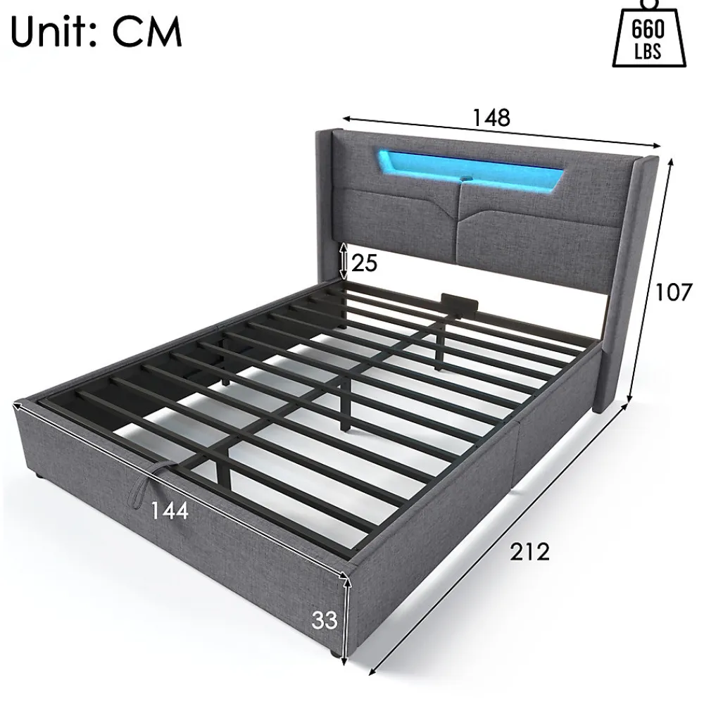 Lit adulte lit 140x200 cm lit rembourré lit de rangement lit sommier à lattes en bois lit double lin gris>Gutent Best