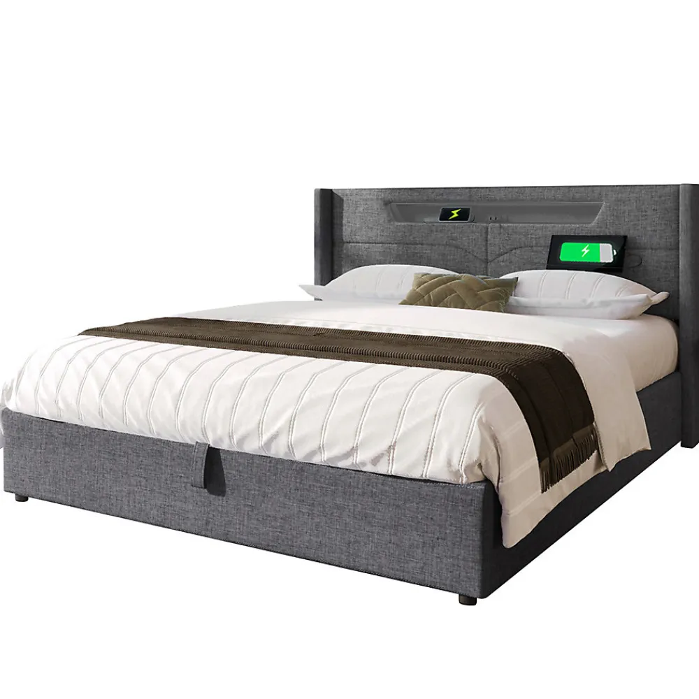 Lit adulte lit 140x200 cm lit rembourré lit de rangement lit sommier à lattes en bois lit double lin gris>Gutent Best