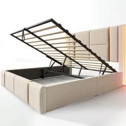 Lit adulte lit 140x200 cm lit rembourré lit de rangement lit sommier à lattes en bois lit double lin beige><noscript><img width=