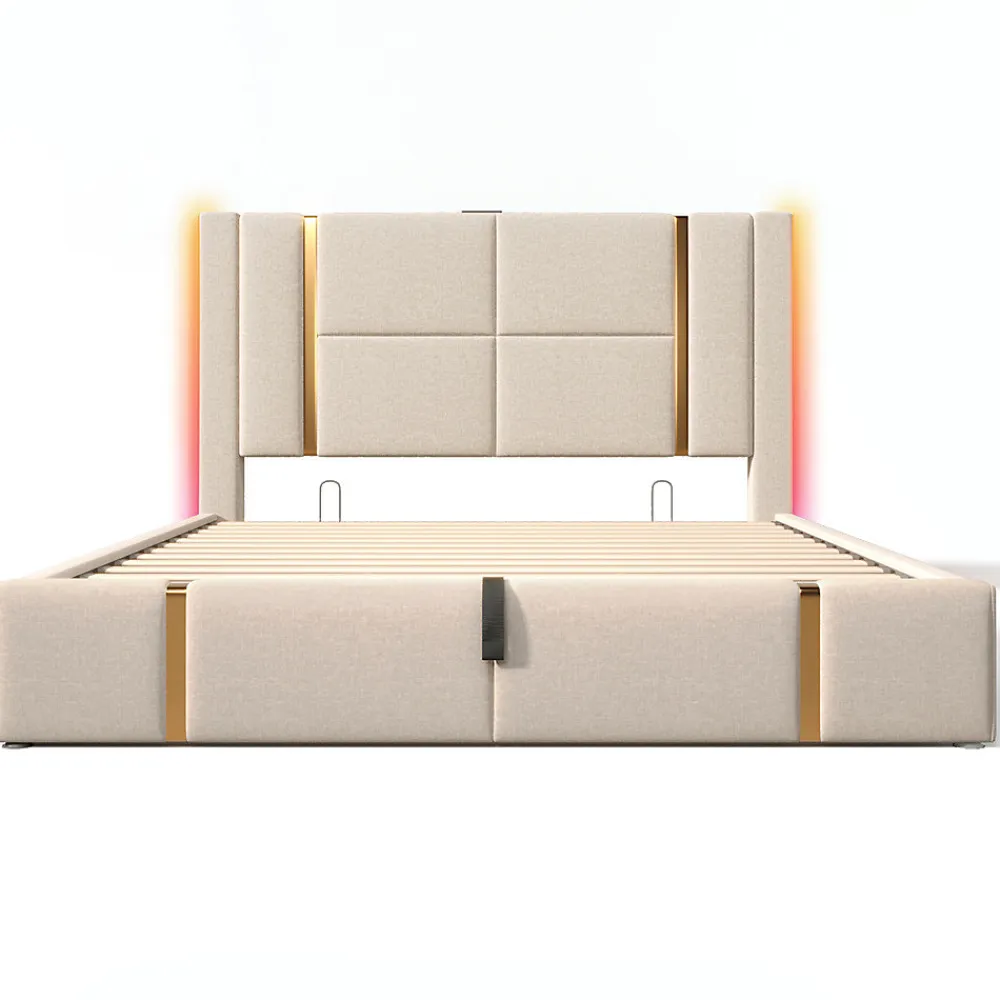 Lit adulte lit 140x200 cm lit rembourré lit de rangement lit sommier à lattes en bois lit double lin beige>Gutent Discount