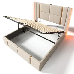 Lit adulte lit 140x200 cm lit rembourré lit de rangement lit sommier à lattes en bois lit double lin beige><noscript><img width=