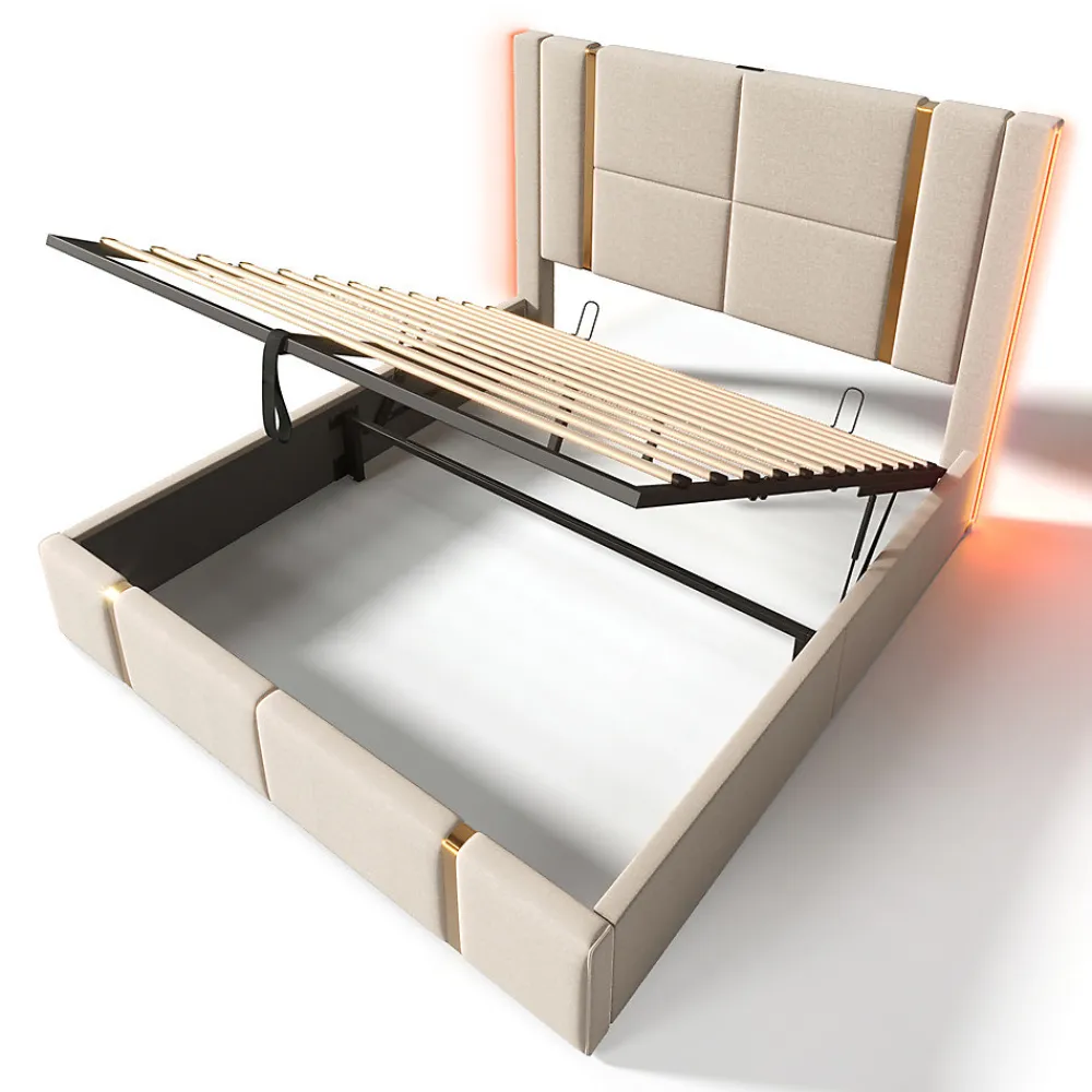 Lit adulte lit 140x200 cm lit rembourré lit de rangement lit sommier à lattes en bois lit double lin beige>Gutent Discount