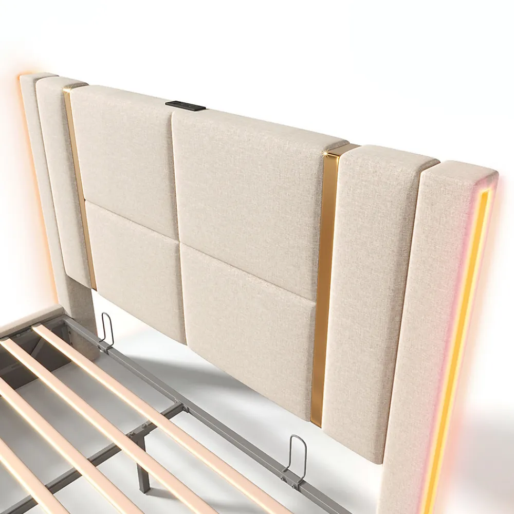Lit adulte lit 140x200 cm lit rembourré lit de rangement lit sommier à lattes en bois lit double lin beige>Gutent Discount