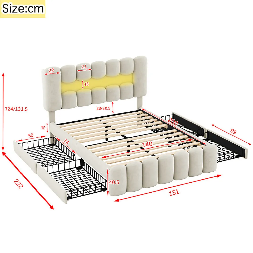 Lit adulte lit 140x200 cm lit rembourré avec barre lumineuse led lit 4 tiroirs avec usb et chaîne stéréo lit double velours beige>Gutent Outlet