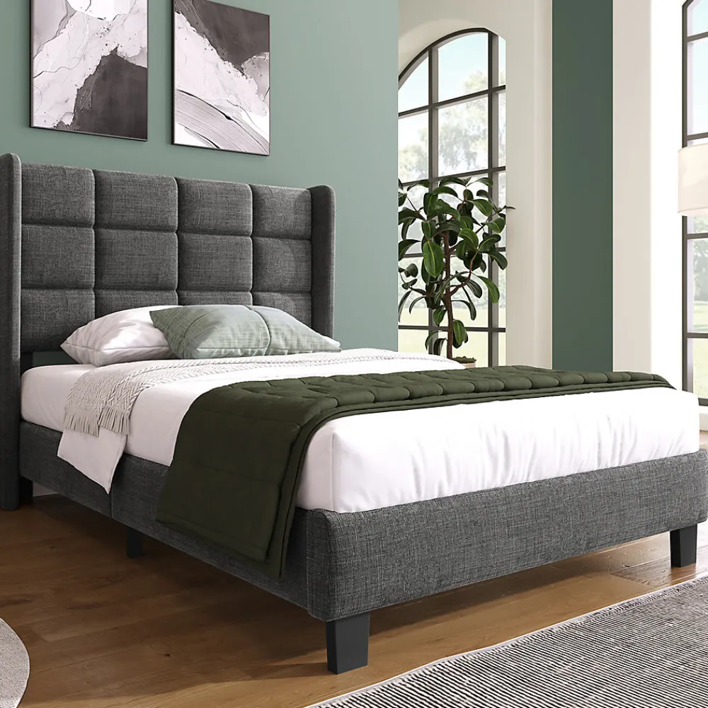 Gutent Lit adulte lit 90x200 cm lit rembourré lit sommier à lattes Single lin gris* Lit Simple