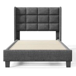Gutent Lit adulte lit 90x200 cm lit rembourré lit sommier à lattes Single lin gris* Lit Simple