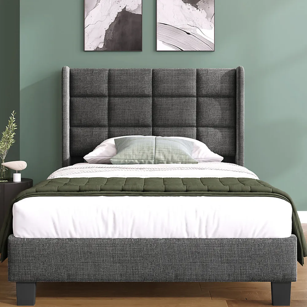 Gutent Lit adulte lit 90x200 cm lit rembourré lit sommier à lattes Single lin gris* Lit Simple