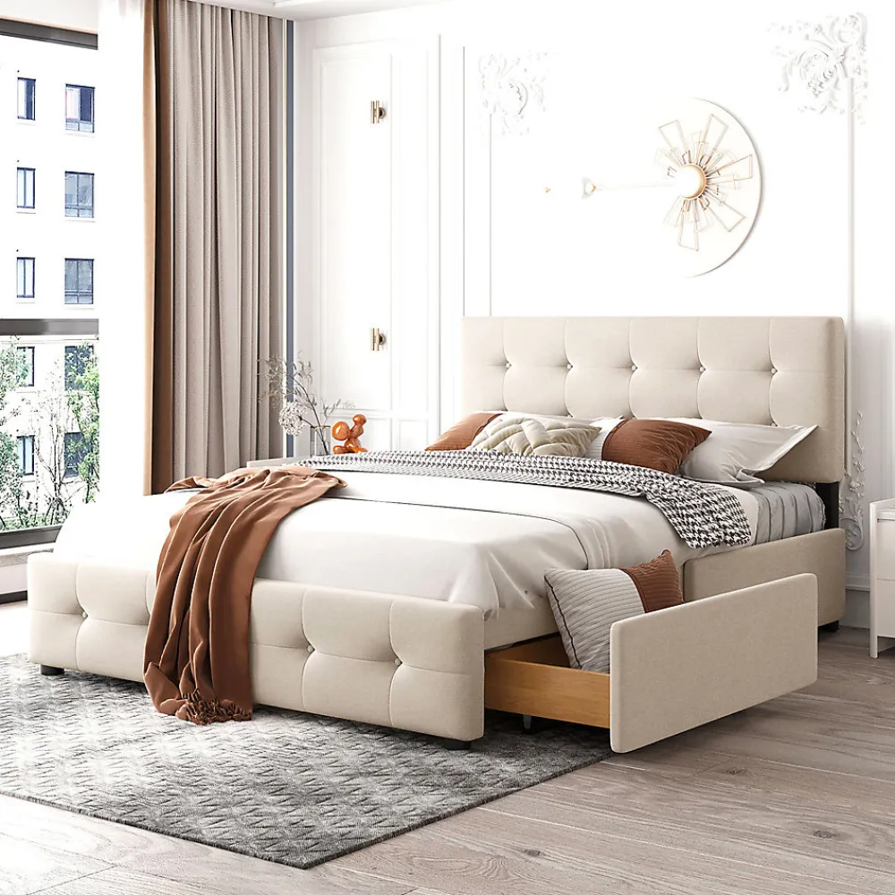Lit adulte lit 140x200 cm lit rembourré avec tiroirs et sommier à lattes lit double velours beige>Gutent Online