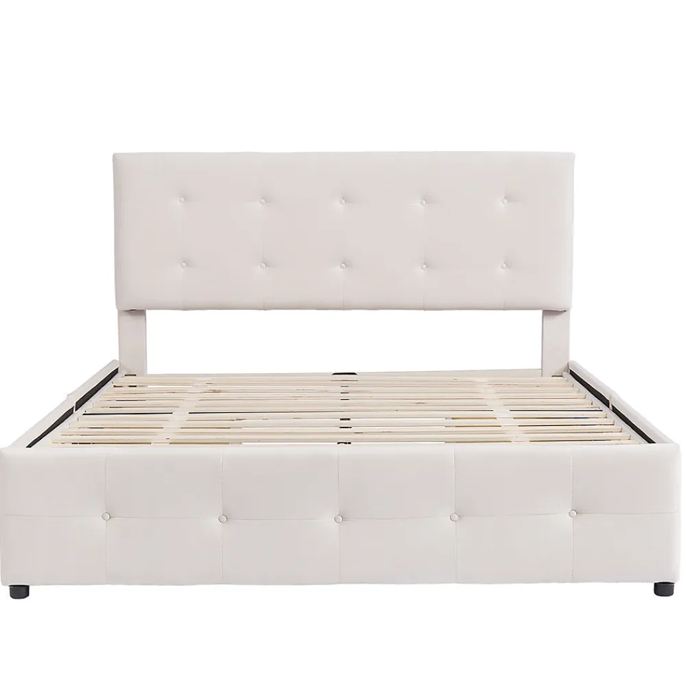 Lit adulte lit 140x200 cm lit rembourré avec tiroirs et sommier à lattes lit double velours beige>Gutent Online