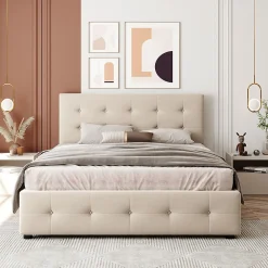 Lit adulte lit 140x200 cm lit rembourré avec tiroirs et sommier à lattes lit double velours beige><noscript><img width=