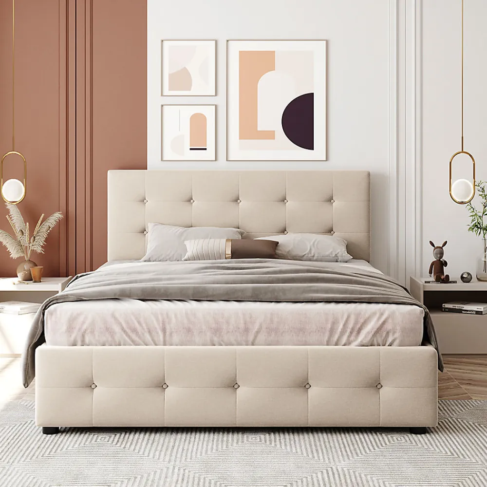 Lit adulte lit 140x200 cm lit rembourré avec tiroirs et sommier à lattes lit double velours beige>Gutent Online