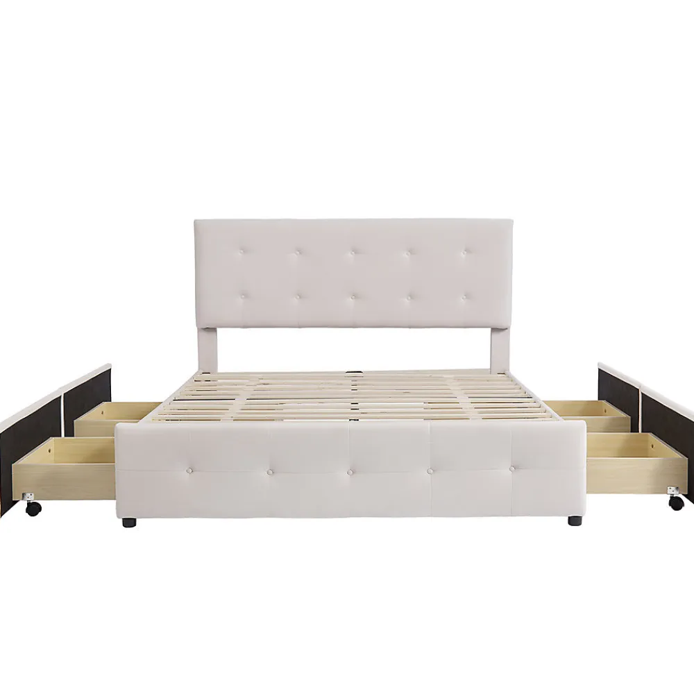 Lit adulte lit 140x200 cm lit rembourré avec tiroirs et sommier à lattes lit double velours beige>Gutent Online