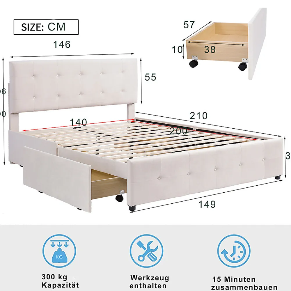 Lit adulte lit 140x200 cm lit rembourré avec tiroirs et sommier à lattes lit double velours beige>Gutent Online