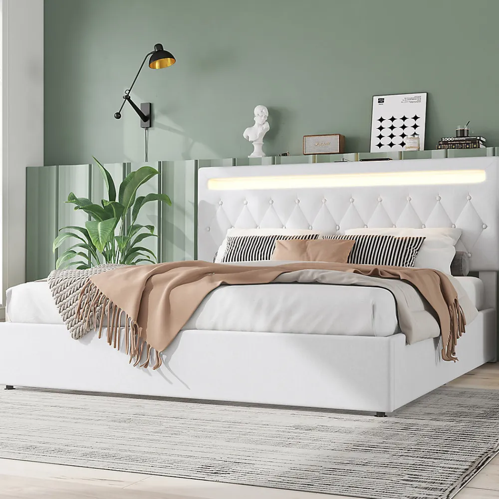 Lit adulte lit 180x200 cm lit rembourré hydraulique avec lumière ambiante lit double lin blanc>Gutent Clearance