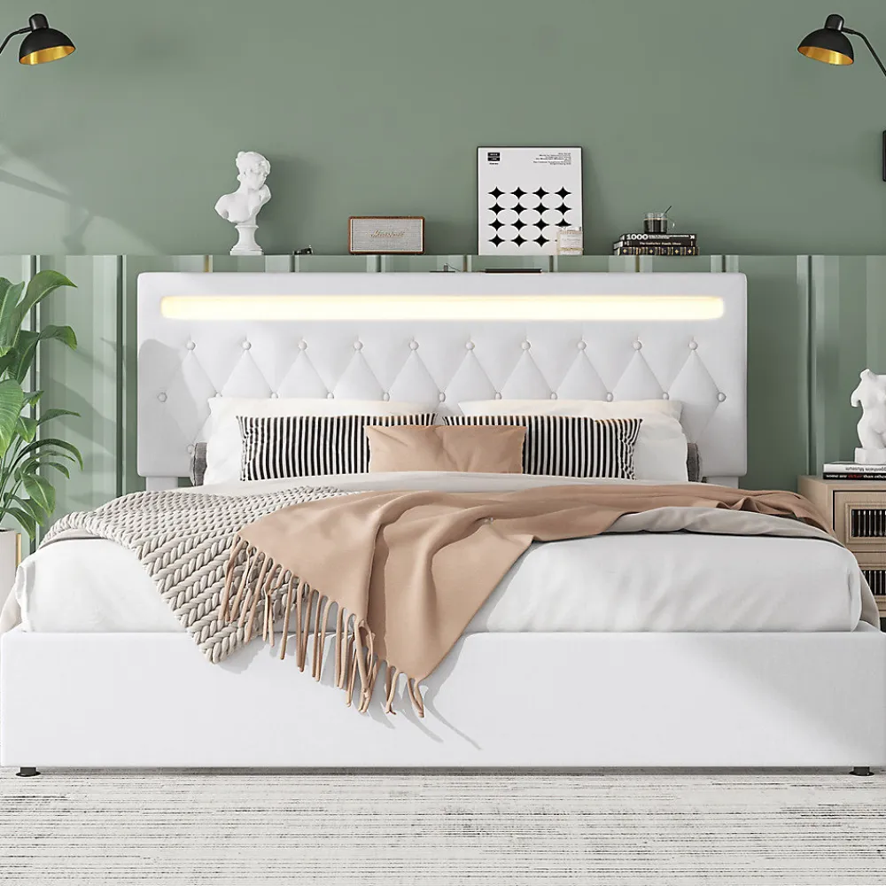Lit adulte lit 180x200 cm lit rembourré hydraulique avec lumière ambiante lit double lin blanc>Gutent Clearance