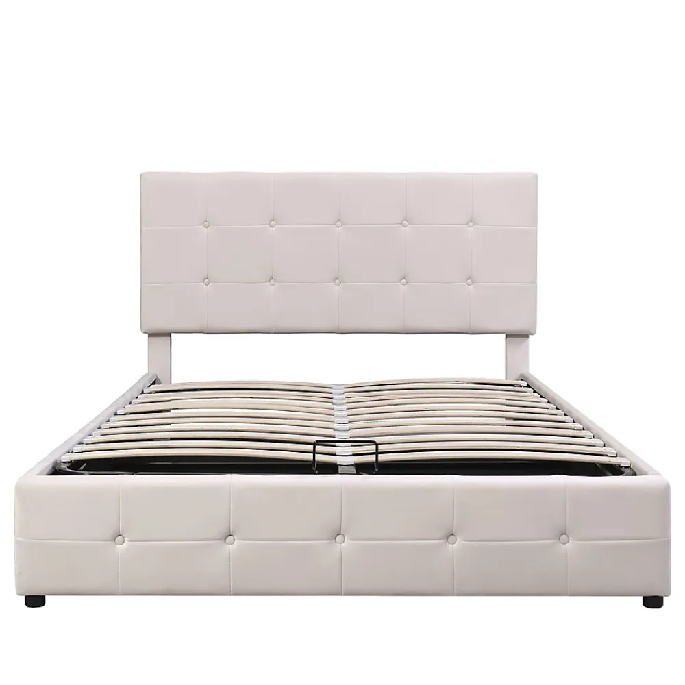 Gutent Lit adulte lit 140x200 cm lit rembourré hydraulique lit de rangement lit double velours blanc crème* Lit Avec Rangement