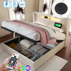 Lit adulte lit 160x200 cm lit rembourré lit de rangement lit sommier à lattes en bois lit double lin beige>Gutent Outlet