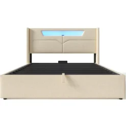 Lit adulte lit 160x200 cm lit rembourré lit de rangement lit sommier à lattes en bois lit double lin beige><noscript><img width=