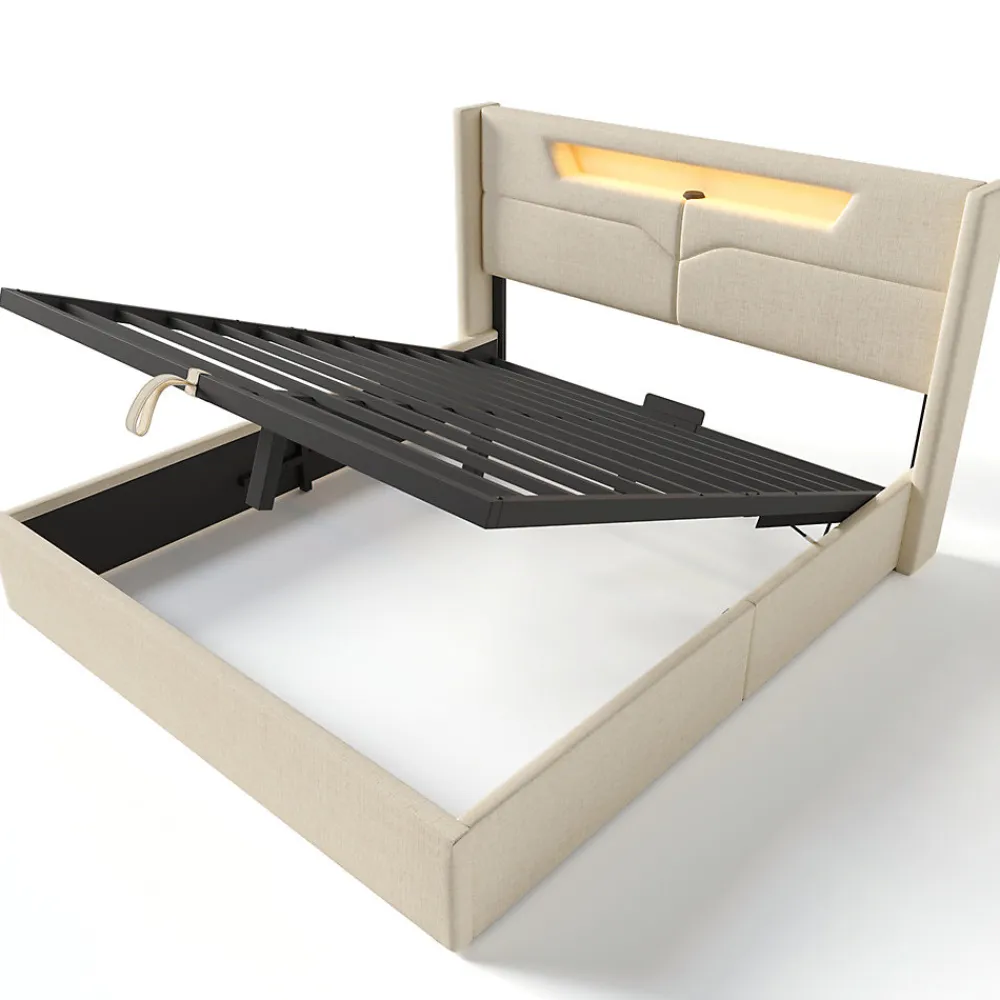 Lit adulte lit 160x200 cm lit rembourré lit de rangement lit sommier à lattes en bois lit double lin beige>Gutent Outlet