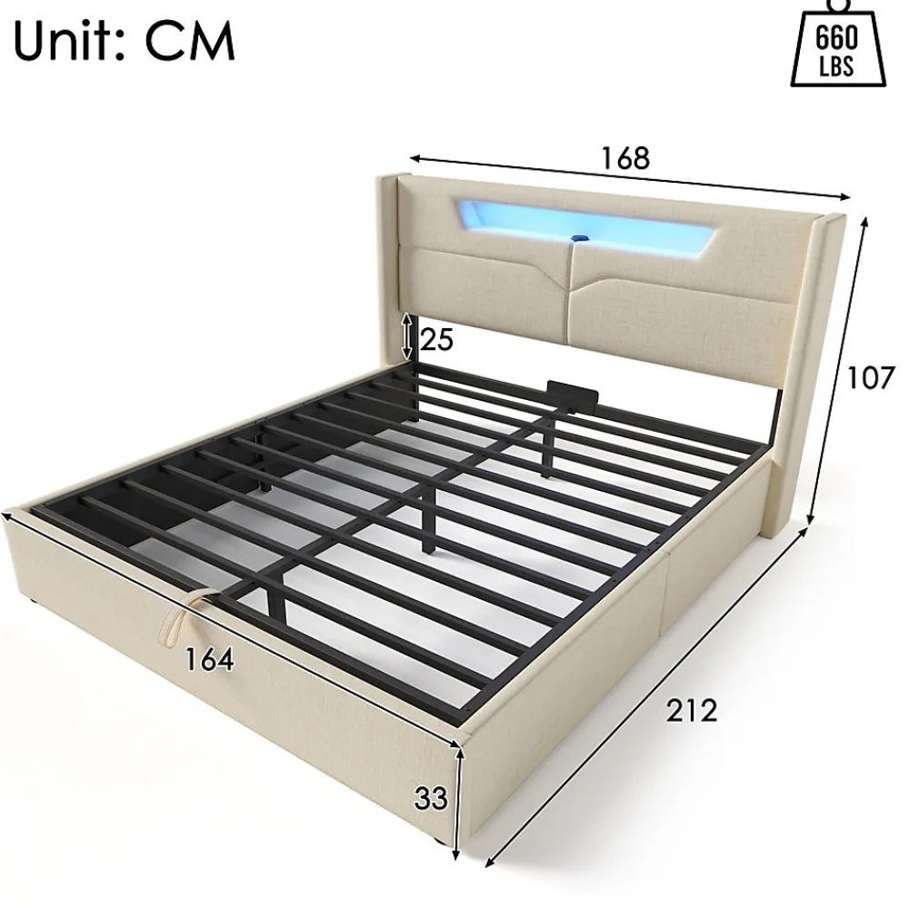 Lit adulte lit 160x200 cm lit rembourré lit de rangement lit sommier à lattes en bois lit double lin beige>Gutent Outlet