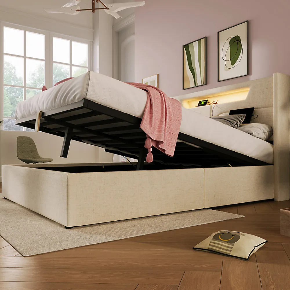 Lit adulte lit 160x200 cm lit rembourré lit de rangement lit sommier à lattes en bois lit double lin beige>Gutent Outlet