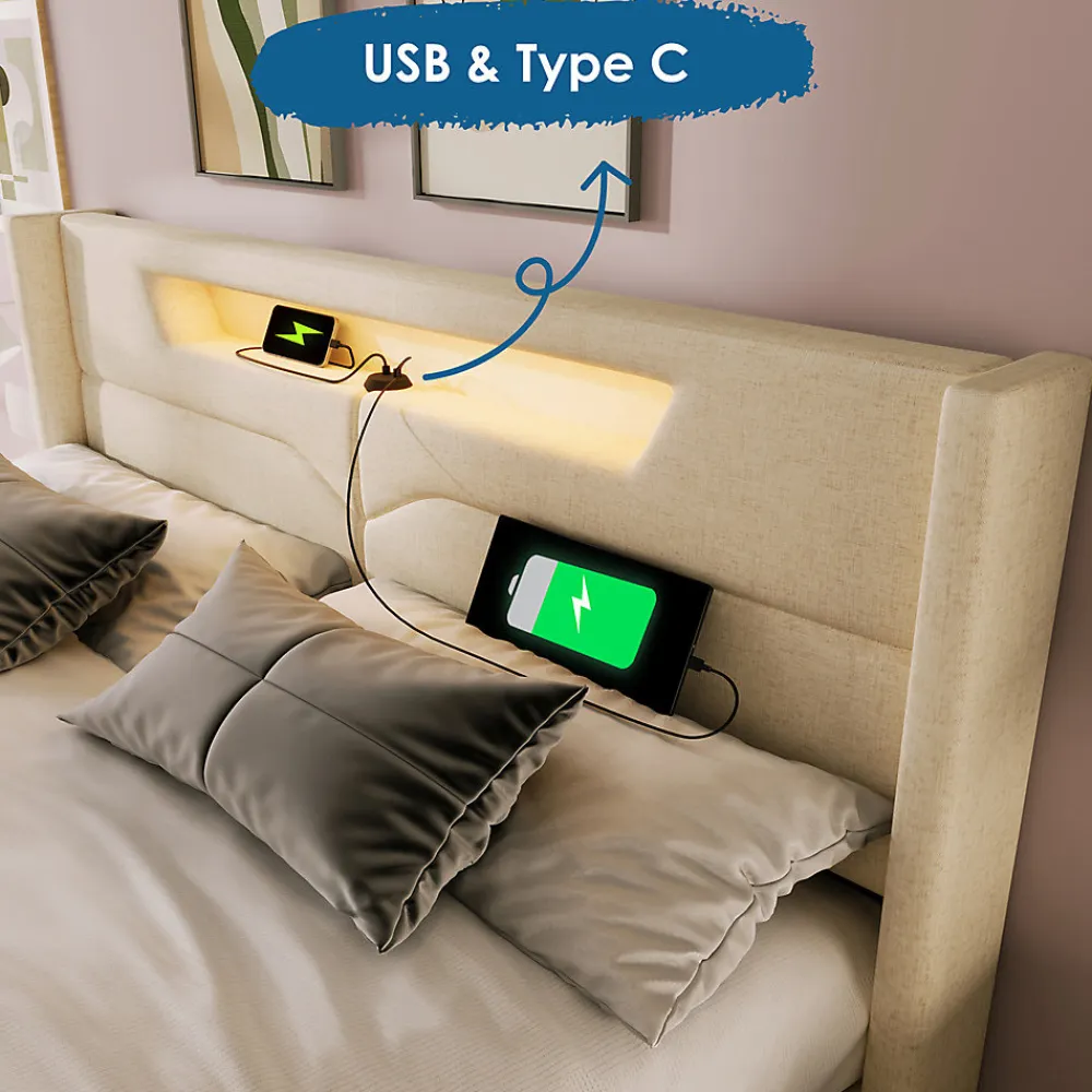 Lit adulte lit 160x200 cm lit rembourré lit de rangement lit sommier à lattes en bois lit double lin beige>Gutent Outlet