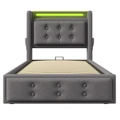 Lit adulte lit 90x200 cm lit rembourré hydraulique avec sommier en bois Single coton lin gris>Gutent