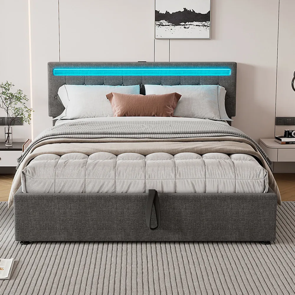 Lit adulte lit 160x200 cm lit rembourré lit de rangement avec lumière ambiante lit double lin gris>Gutent