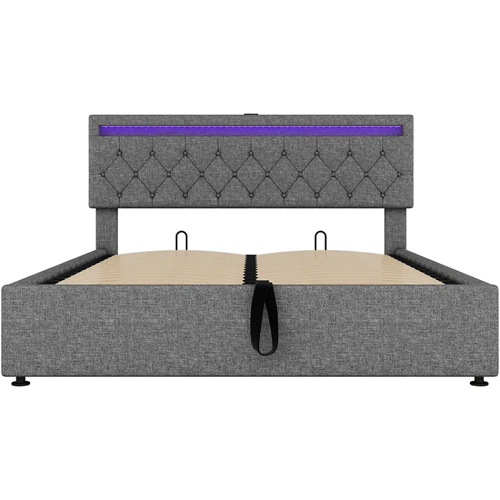Lit adulte lit 160x200 cm lit rembourré lit de rangement avec lumière ambiante lit double lin gris>Gutent