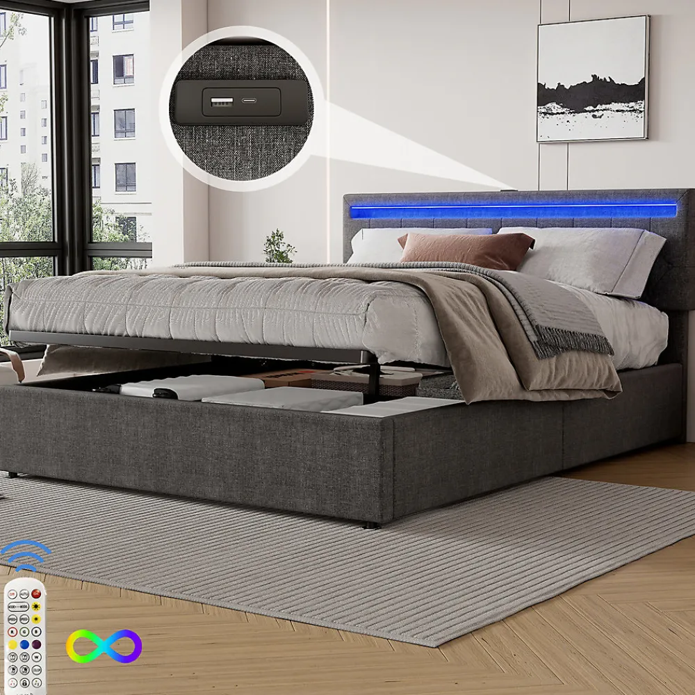 Lit adulte lit 160x200 cm lit rembourré lit de rangement avec lumière ambiante lit double lin gris>Gutent