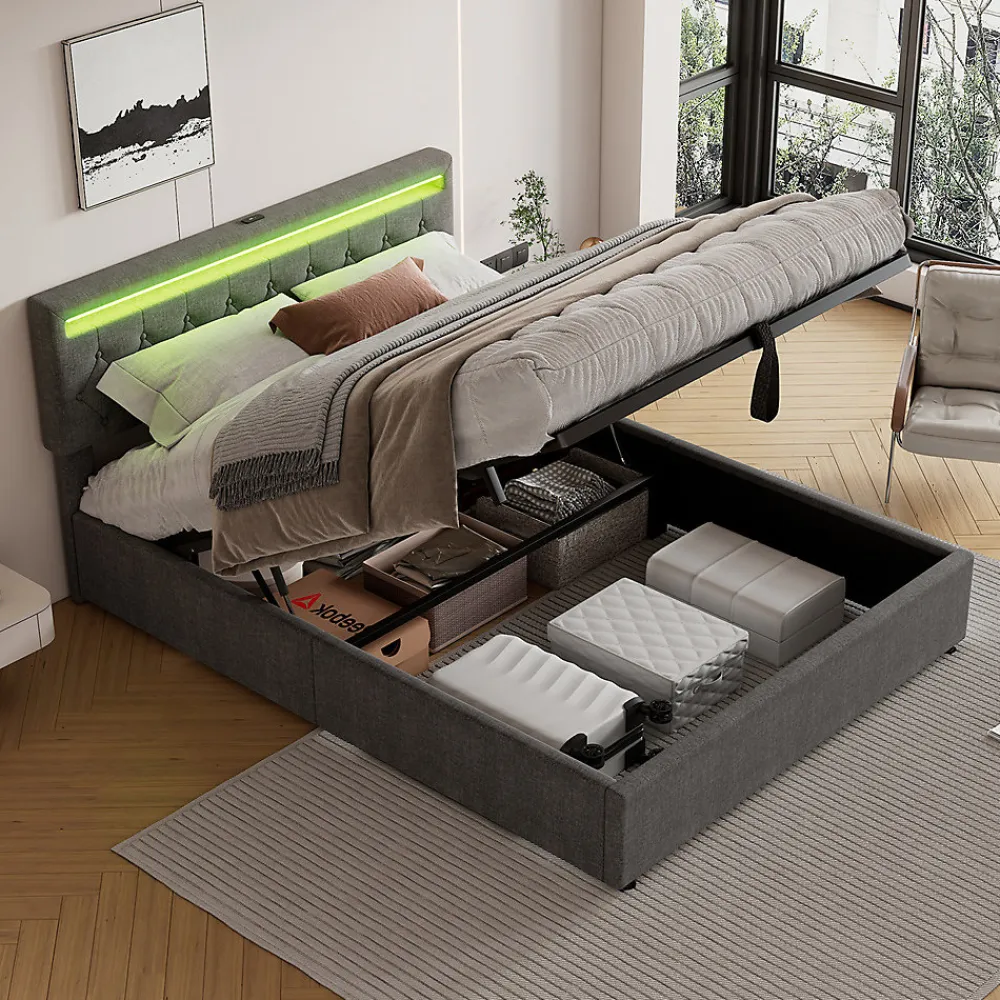 Lit adulte lit 160x200 cm lit rembourré lit de rangement avec lumière ambiante lit double lin gris>Gutent