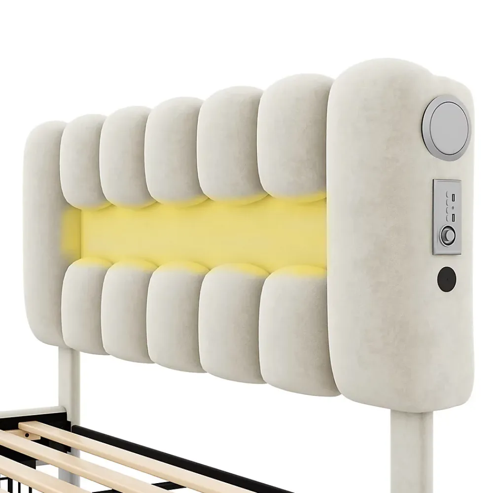 Gutent Lit adulte lit 160x200 cm lit rembourré avec barre lumineuse led lit 4 tiroirs avec usb et chaîne stéréo lit double velours beige* Lit Avec Rangement
