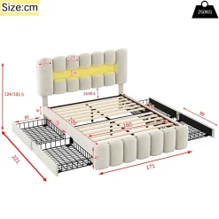 Gutent Lit adulte lit 160x200 cm lit rembourré avec barre lumineuse led lit 4 tiroirs avec usb et chaîne stéréo lit double velours beige* Lit Avec Rangement