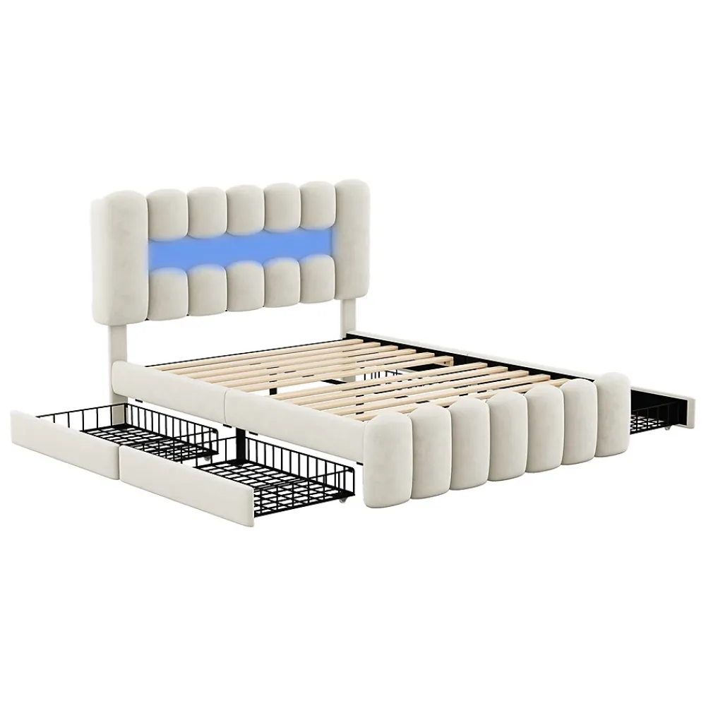 Gutent Lit adulte lit 160x200 cm lit rembourré avec barre lumineuse led lit 4 tiroirs avec usb et chaîne stéréo lit double velours beige* Lit Avec Rangement