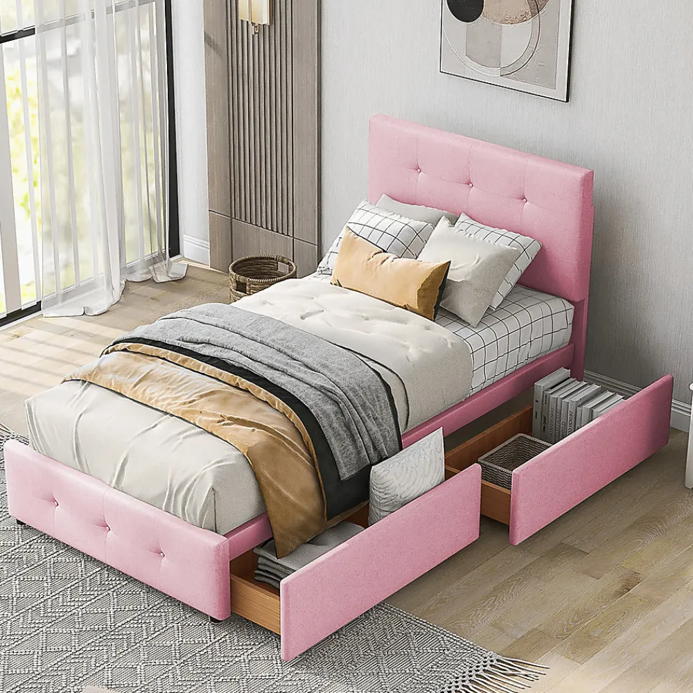 Lit adulte lit 90x200 cm lit rembourré lit 2 tiroirs lit sommier à lattes Single tissu en velours rose>Gutent New