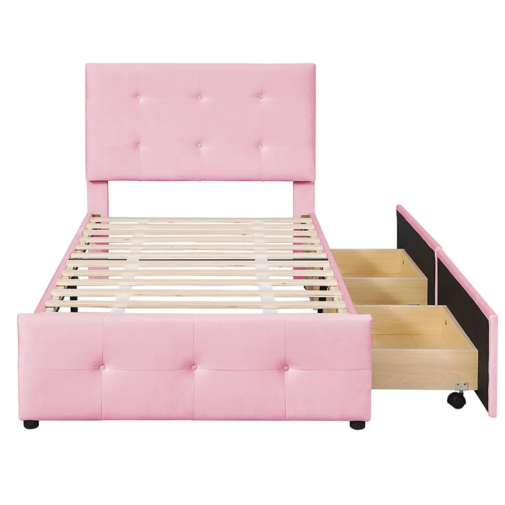 Lit adulte lit 90x200 cm lit rembourré lit 2 tiroirs lit sommier à lattes Single tissu en velours rose>Gutent New