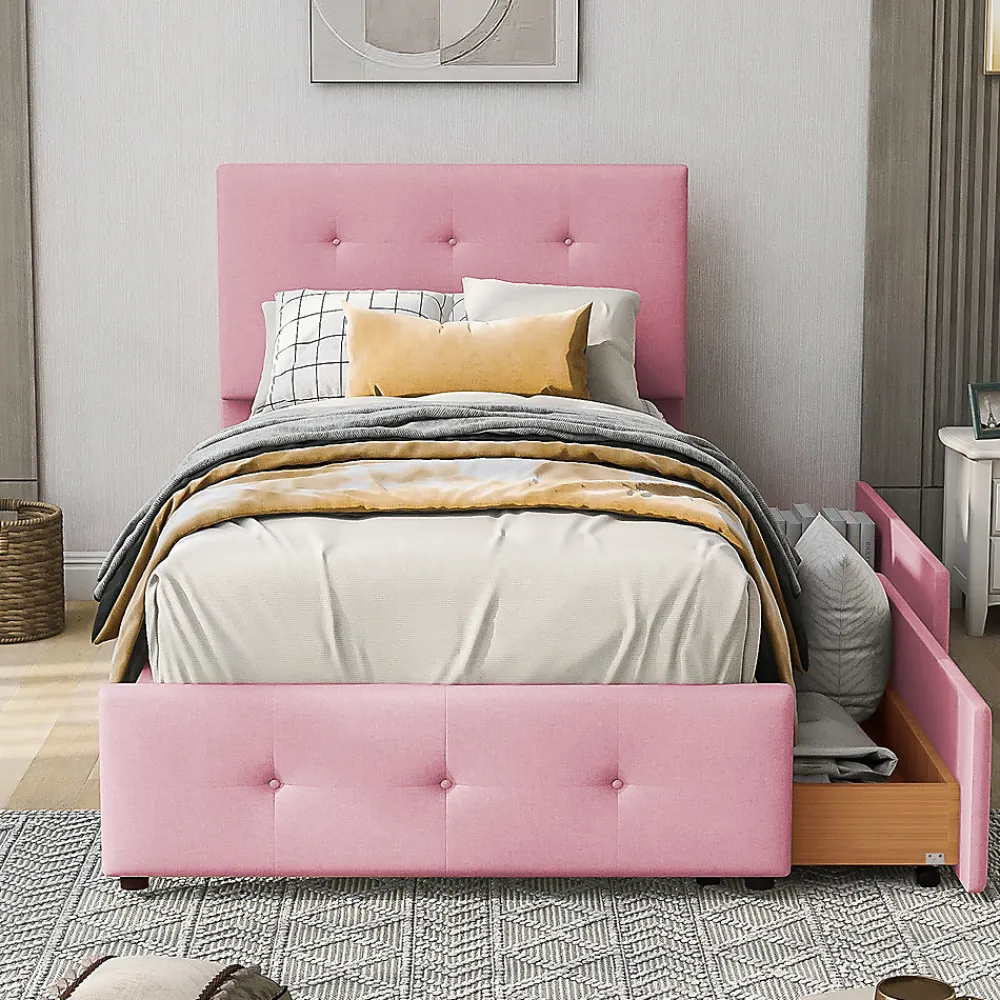 Lit adulte lit 90x200 cm lit rembourré lit 2 tiroirs lit sommier à lattes Single tissu en velours rose>Gutent New