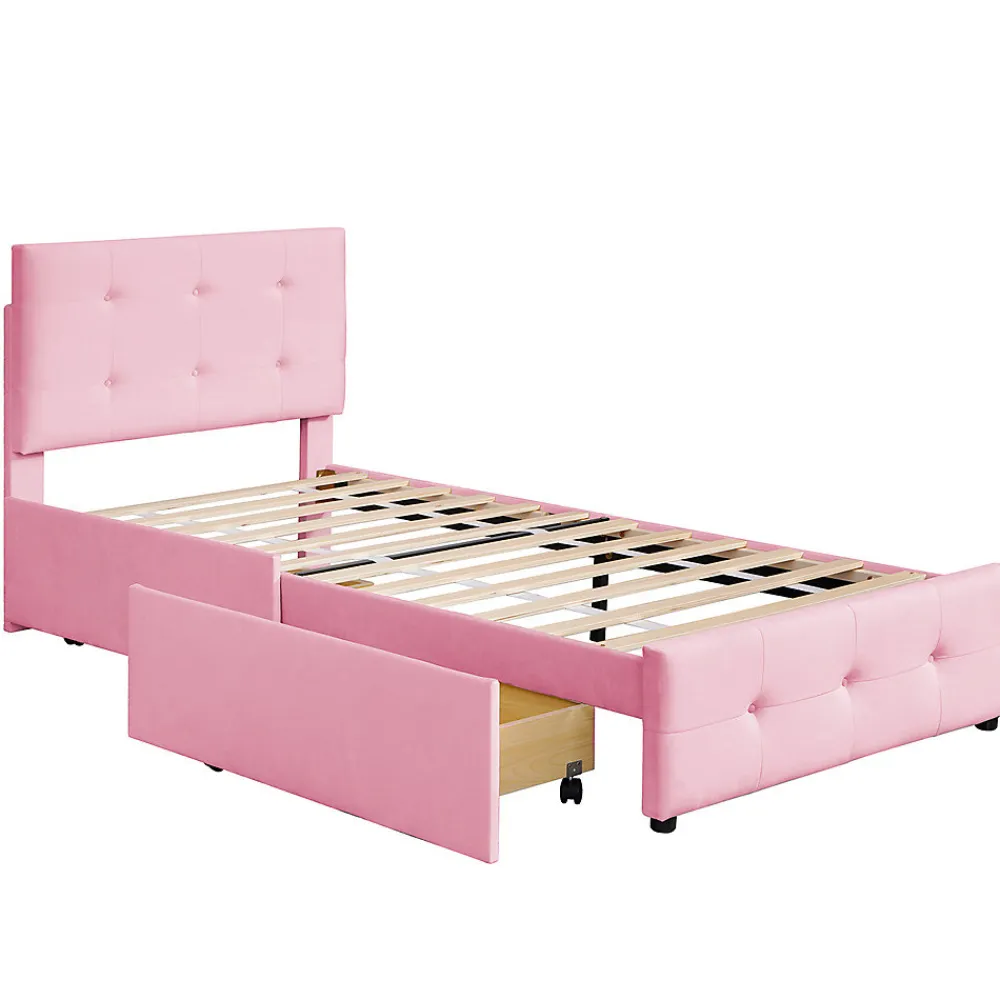Lit adulte lit 90x200 cm lit rembourré lit 2 tiroirs lit sommier à lattes Single tissu en velours rose>Gutent New