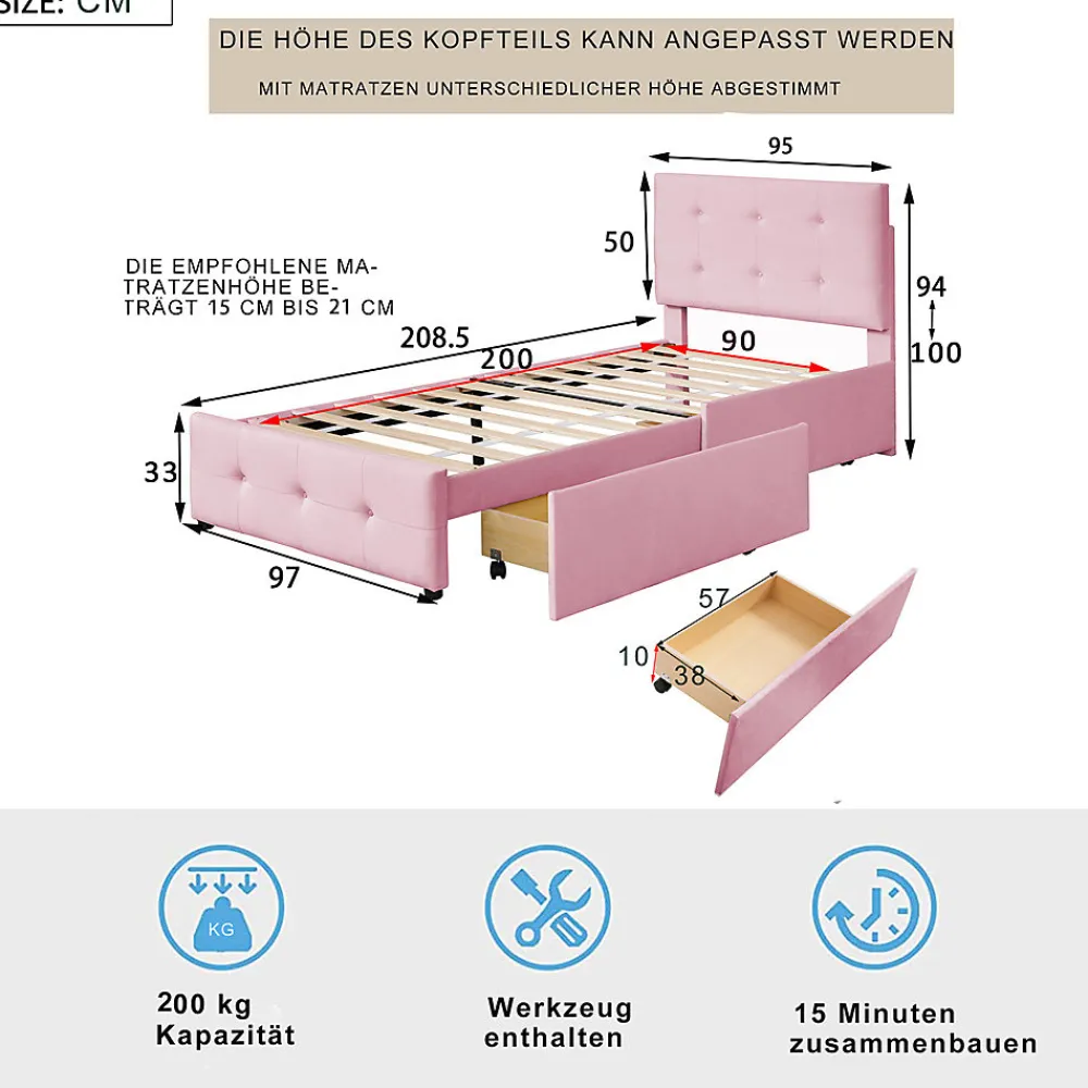 Lit adulte lit 90x200 cm lit rembourré lit 2 tiroirs lit sommier à lattes Single tissu en velours rose>Gutent New