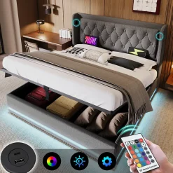 Lit adulte lit 140x200 cm lit rembourré hydraulique lit de rangement lit double coton gris>Gutent