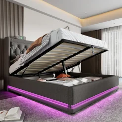 Lit adulte lit 140x200 cm lit rembourré hydraulique lit de rangement lit double coton gris>Gutent