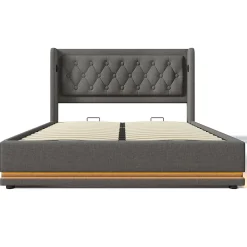 Lit adulte lit 140x200 cm lit rembourré hydraulique lit de rangement lit double coton gris><noscript><img width=